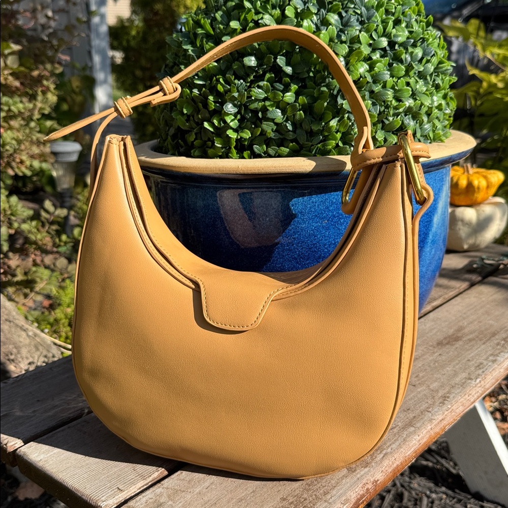 Madison West NWOT tan vegan leather crescent moon shaped hobo shoulder bag purse